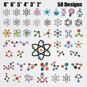 Puede incluir: Una colección de 50 diseños digitales con temática científica que incluye varios átomos coloridos, estructuras moleculares, un microscopio, una cadena de ADN, una lupa y un vaso de precipitados. El texto 8" 6" 5" 4" 3" 2" y 50 Designs es visible.