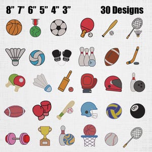May include: A collection of 30 sports-themed designs, including a basketball, soccer ball, ping pong paddle, baseball bat, badminton racket, and more. The designs are arranged in rows and columns, with measurements from 3 to 8 inches.