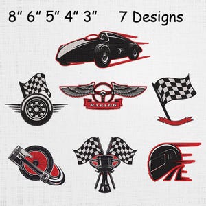 Könnte beinhalten: Eine Sammlung von sieben Designs zum Thema Rennsport, darunter ein schwarzes Rennauto, karierte Flaggen, ein Lenkrad mit Flügeln und ein Rennhelm. Die Designs sind in Schwarz und Rot gehalten, mit Größen von 7,6 bis 20,3 cm.