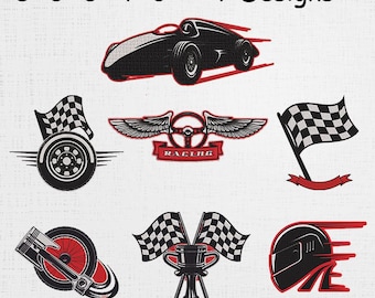 Könnte beinhalten: Eine Sammlung von sieben Designs zum Thema Rennsport, darunter ein schwarzes Rennauto, karierte Flaggen, ein Lenkrad mit Flügeln und ein Rennhelm. Die Designs sind in Schwarz und Rot gehalten, mit Größen von 7,6 bis 20,3 cm.