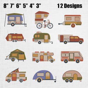 May include: Twelve unique camper designs are displayed, each with a distinct style and color scheme. The designs include various types of campers, from small trailers to larger RVs, with the text "12 Designs" at the top.