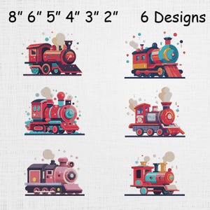 May include: Six colourful train designs in red, pink, and blue, with the text "8" 6" 5" 4" 3" 2" 6 Designs". Each train has a unique design, with smoke stacks and wheels. The trains are approximately 5 to 20 cm in length.