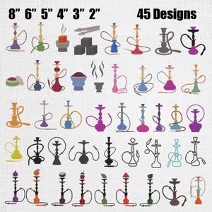 May include: A collection of 45 digital designs featuring various hookah pipes in different colors and styles, along with charcoal cubes, tongs, and bowls. The text 8" 6" 5" 4" 3" 2" and 45 Designs is displayed at the top of the image.