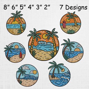 Puede incluir: Siete diseños de bordado circulares con escenas de playa con palmeras, olas y puestas de sol. Los diseños varían en tamaño, de 5,08 cm a 20,32 cm de diámetro. El texto "7 Designs" se muestra arriba.