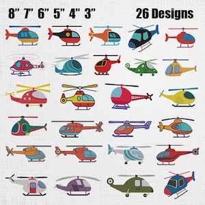 May include: A collection of 26 embroidered helicopter designs in various colors, including red, blue, yellow, and green. The image includes measurements from 3 to 8 inches, with the text "26 Designs" at the top.