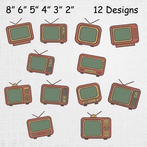 Puede incluir: Doce diseños de televisores retro en varios tamaños, que van de 5 cm a 20 cm. Cada televisor tiene un marco rojo-naranja, una pantalla verde y un borde amarillo-dorado. Los diseños incluyen antenas y varias configuraciones de botones y diales.