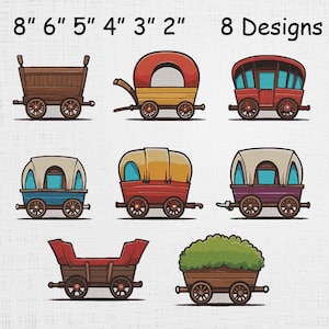 May include: Eight colorful wagon designs are displayed, each with a unique shape and color scheme. The wagons range in size from 2 to 8 inches. The designs include covered wagons, open wagons, and wagons with various roof styles, all with wooden wheels.