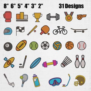 May include: A collection of 31 sports-themed designs, including a boxing glove, trophy, dumbbell, medal, and more. The image also includes measurements from 2 to 8 inches, perfect for crafting projects.