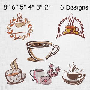 Può includere: Sono presentati sei disegni di ricamo a tema caffè, con dimensioni da 5 a 20 cm. I disegni includono tazze di caffè fumanti, circondate da elementi decorativi come foglie e una busta a forma di cuore.