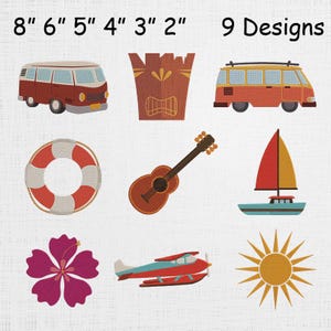 Puede incluir: Nueve diseños bordados, incluyendo una furgoneta roja y marrón, un tiki, un salvavidas, una guitarra, un velero, una flor de hibisco, un hidroavión y un sol. Los diseños varían de 5 cm a 20 cm.