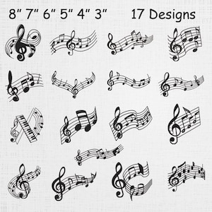 Pode incluir: Uma coleção de 17 designs musicais em preto, com claves de sol e notas musicais. Os designs variam em tamanho, o maior medindo 20 cm e o menor 7.6 cm. O texto "17 Designs" é exibido no topo.
