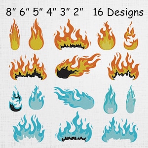 May include: A collection of 16 flame designs in various sizes, ranging from 2 to 8 inches. The flames are depicted in shades of yellow, orange, and blue, with some designs featuring black accents. The text "16 Designs" is displayed.
