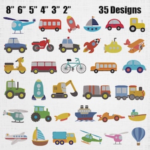Könnte beinhalten: Eine Sammlung von 35 farbenfrohen Fahrzeugdesigns, darunter Autos, Lastwagen, Flugzeuge und Boote. Die Designs sind in Reihen und Spalten angeordnet, mit Größen von 5 bis 20 cm. Der Text "35 Designs" wird oben angezeigt.