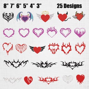 May include: A collection of 25 heart designs in various styles, including winged hearts, devil hearts, and tribal patterns. Sizes range from 3 to 8 inches. The designs feature red, black, purple, and white colors.