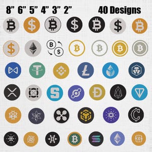 May include: A collection of 40 circular designs featuring various cryptocurrency symbols, including Bitcoin, Ethereum, and others. The designs are in various colors, including black, gold, and blue, and range in size from 2 to 8 inches.