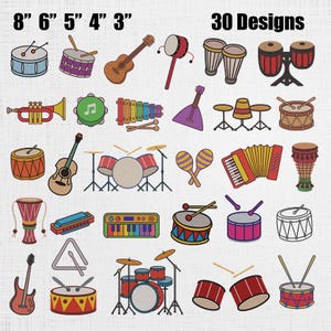 Op de afbeelding: Een verzameling van 30 muziekinstrumentontwerpen, waaronder drums, gitaren, een trompet en een accordeon. De instrumenten zijn in verschillende kleuren en maten, met afmetingen van 7.6 tot 20.3 cm. De tekst "30 Designs" wordt bovenaan weergegeven.
