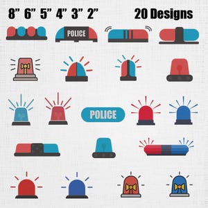 May include: A collection of 20 graphic designs featuring various red and blue emergency vehicle light bars and sirens. The text 8" 6" 5" 4" 3" 2" and 20 Designs is displayed at the top. Some icons include the word POLICE in white text.