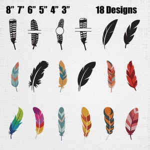 Könnte beinhalten: Ein Bild mit 18 Federdesigns in verschiedenen Stilen und Farben. Die oberste Reihe zeigt schwarz-weiße Federillustrationen mit Maßen von 7.6 cm bis 20.3 cm. Die anderen Reihen zeigen bunte Federn mit komplizierten Mustern. Der Text "18 Designs" ist ebenfalls sichtbar.