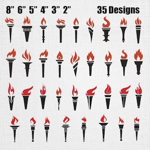 Fire Torch Embroidery Set - Olympic Torch Embroidery Pattern - Peace Torch Machine Stitch File - Burning Torch Pattern - 35 Designs 6 Sizes