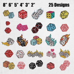 Op de afbeelding: Een verzameling van 25 dobbelsteenontwerpen in verschillende kleuren en patronen, waaronder dobbelstenen met harten, vlammen en verschillende stiparrangementen. Maten variëren van 5 tot 20 cm. De tekst "25 Designs" wordt bovenaan weergegeven.