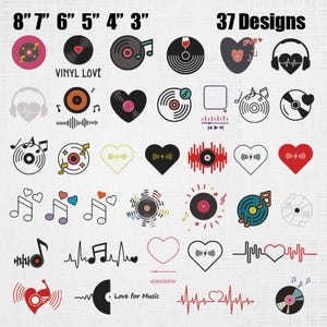 May include: A collection of 37 music-themed graphic designs featuring vinyl records, hearts, musical notes, and sound waves in various colors. The text 8" 7" 6" 5" 4" 3" and 37 Designs is visible at the top, with the phrase Vinyl Love included.