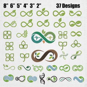 Puede incluir: Una colección de 37 diseños de bordado con símbolos de infinito y motivos de hojas en varios tonos de verde, marrón y azul. El texto 8", 6", 5", 4", 3", 2" y 37 Designs en la parte superior indica los tamaños disponibles.