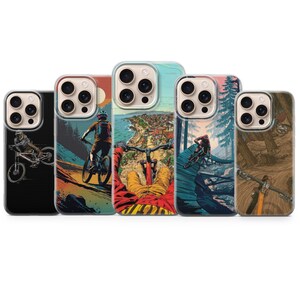 May include: A collection of five phone cases featuring mountain biking illustrations. Each case showcases a different scene, with riders navigating trails and landscapes. The cases have a clear border and a glossy finish, offering protection and style for smartphones.