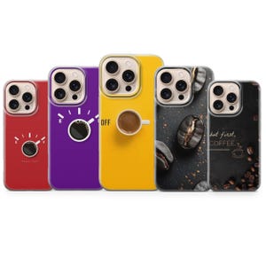 May include: Five phone cases with coffee-related designs. The cases are in red, purple, and yellow, with coffee cup and bean graphics. One case has the text "but first, COFFEE."