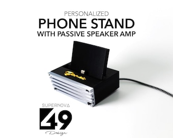 Phone Stand with Passive Speaker Amplifier and Charging Cable, Mid Century Modern Design