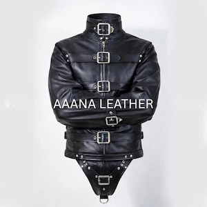 Handmade Cow Leather Black Genuine Leather Straitjacket Body Harness.