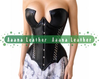 Women's Genuine Leather Corset Steel Boning