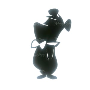 Pode incluir: Silhueta preta de um personagem de desenho animado com gravata borboleta, chapéu e casaco comprido. O texto "Miss Beth" e "Silhouettes" é visível. O personagem está em pé com os braços levantados. A imagem está em um fundo branco.