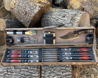 Juego de utensilios de barbacoa de lujo, estuche de madera, grabado personalizado