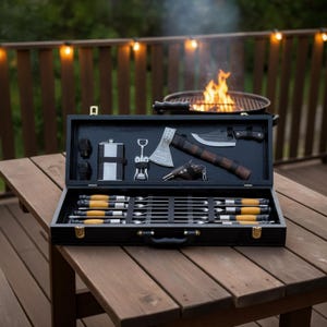 Stainless Steel BBQ Tool Set in Wooden Case – Gift for Him, Dad, Husband, Boyfriend, Father’s Day Gift