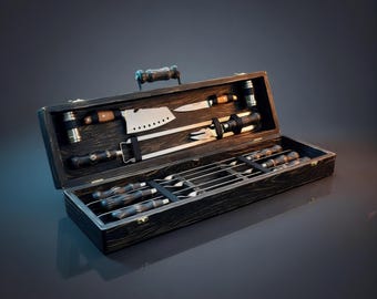 Juego de herramientas para barbacoa con estuche: juego de herramientas para barbacoa, brochetas de acero inoxidable y herramientas para asar, regalo para hombres.