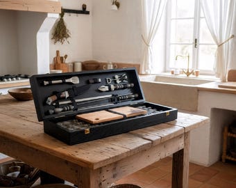 Kit de barbacoa de madera con pinchos, cuchillo de caza, pinzas y herramientas para vino: regalo para el Día del Padre o cumpleaños.