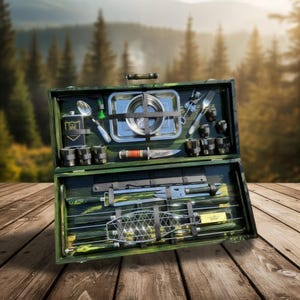 Op de afbeelding: Een groene picknickset met camouflagepatroon, open om diverse roestvrijstalen en zwarte gebruiksvoorwerpen te tonen, waaronder een mes, vork, lepel en spiesjes. De set bevat ook een klein fornuis, borrelglaasjes en een fles. De achtergrond toont een bos.