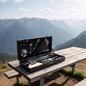 Puede incluir: Un juego de parrilla negro para exteriores en un estuche abierto, con varios utensilios, un hacha pequeña y una rejilla para asar. El estuche está sobre una mesa de picnic de madera con una cordillera al fondo.