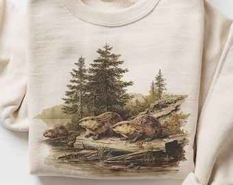 Retro Beaver Nature Sweatshirt , 90s Vintage Mountain Pine Trees Decorated Cabins Outfit, Boho Unisex Crewneck Cozy Season Sweater