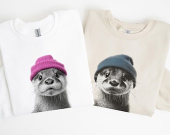 Bijpassende retro otters dragen muts uniseks sweater, shirt valentijnskaarten, shirt otter Monterey Bay aquarium, shirt otter liefhebbers cadeau