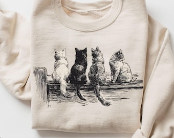 Vintage Cats Sweatshirt, Retro Kitten Graphic Pullover, Cozy Cottagecore Cat Lover Gift, 90s Style Oversized Crewneck, Cute Cat Mom Sweater