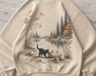 Autumn Forest Cat Sweatshirt, Black Kitten Pumpkin Lake Scene, Vintage Woodland Fall Crewneck, Cozy Cabin Cat Lover Gift