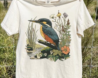 Kingfisher Vintage 90s T Shirt, Retro Bird Graphic Tee, Cottagecore Nature Bird Top, Botanical Wildlife Shirt, Unisex Outdoor Gift
