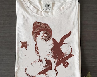 Camiseta gráfica de gato patinando, camiseta vintage de gato estilo skater Y2K
