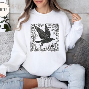 Vintage Folklore Forest Crow Sweatshirt, Folk Art Linocut Crow T-Shirt, Forestcore Sweater, Cottagecore Aesthetic Goblincore Witch Tee image 4