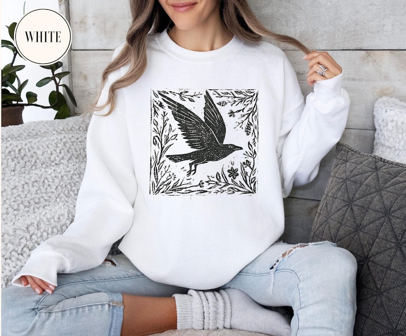 Vintage Folklore Forest Crow Sweatshirt, Folk Art Linocut Crow T-Shirt, Forestcore Sweater, Cottagecore Aesthetic Goblincore Witch Tee image 4