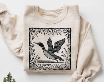 Folklore Loon Sweatshirt, Vintage Lake Bird Shirt, Cottagecore Wildlife Crewneck, Rustic Nature Bird Pullover, Loon Lover Gift