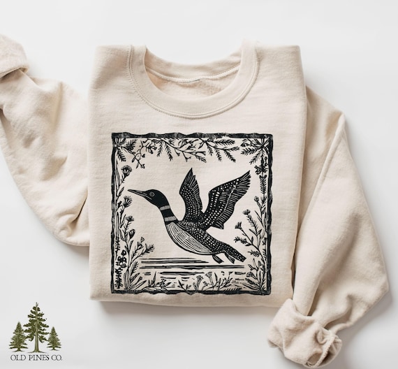 Folklore Loon Sweatshirt, Vintage Lake Bird Shirt, Cottagecore Wildlife Crewneck, Rustic Nature Bird Pullover, Loon Lover Gift