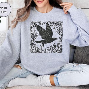 Vintage Folklore Forest Crow Sweatshirt, Folk Art Linocut Crow T-Shirt, Forestcore Sweater, Cottagecore Aesthetic Goblincore Witch Tee image 3
