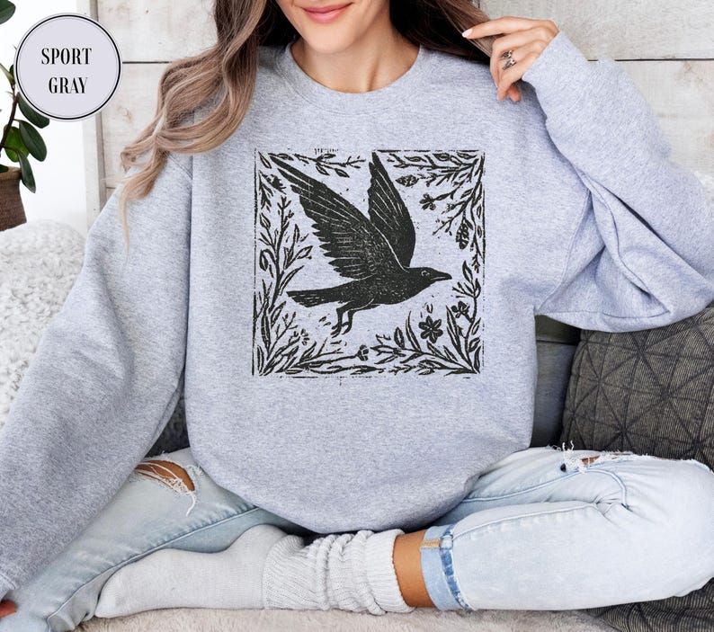 Vintage Folklore Forest Crow Sweatshirt, Folk Art Linocut Crow T-Shirt, Forestcore Sweater, Cottagecore Aesthetic Goblincore Witch Tee image 3